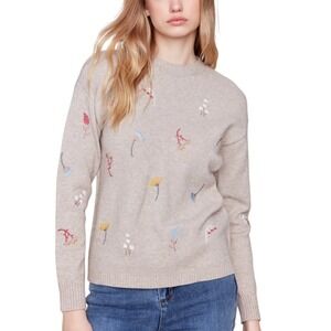 CHARLIE B  Oatmeal Beige Embroidered Floral Crewneck Sweater S